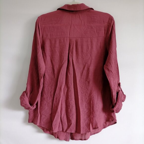 Parallel Skies Women's Maroon Red Ruffle Comfy Roll Tab Sleeve Shirt Size XL - Picture 5 of 8
